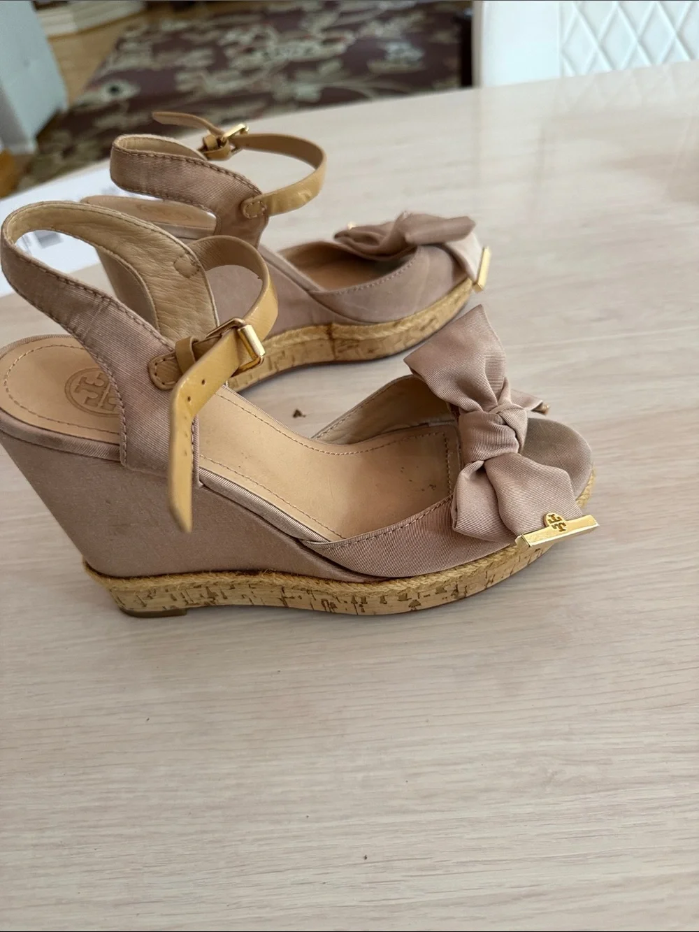 Tory Burch Neutral Bow Espadrille Slingback Wedges with Gold Trim